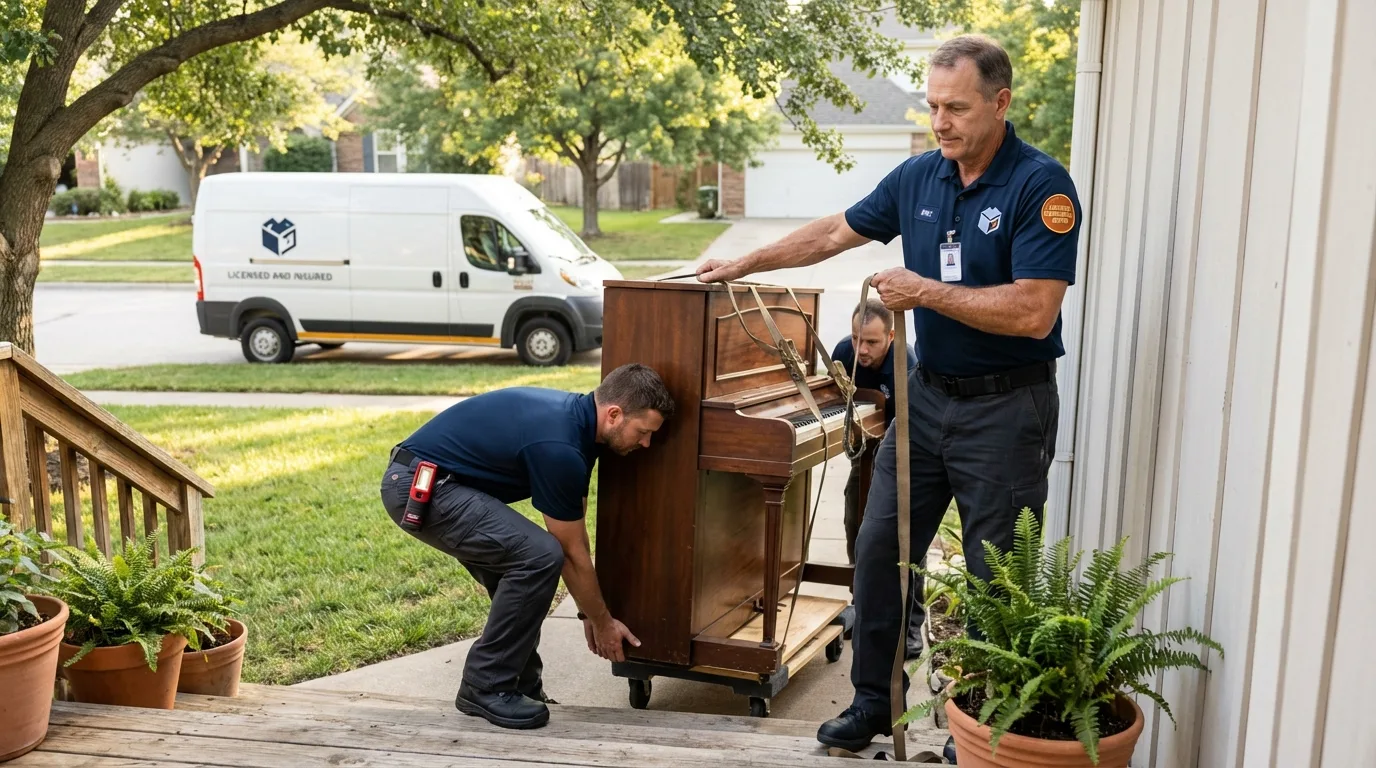 Licensed piano movers securing grand piano in Washburn, IL