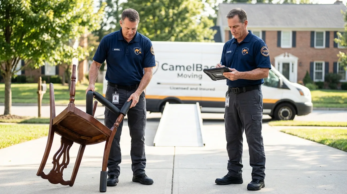 Movers inspecting furniture for damage prevention before loading in Washburn, IL