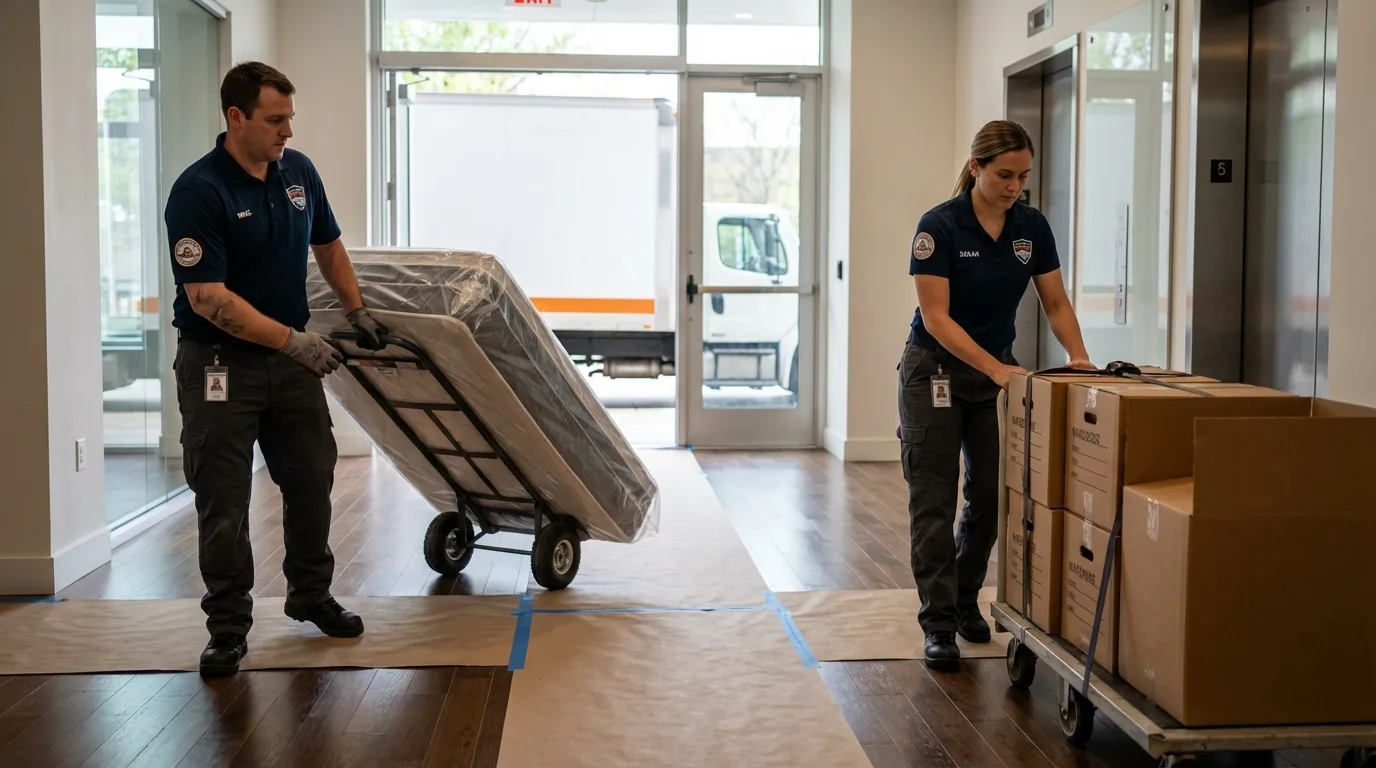 Professional apartment movers loading elevator in Washburn, IL