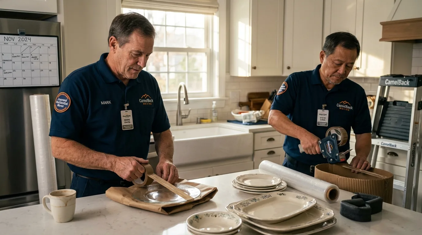 Professional crew packing kitchen dishware in Washburn, IL